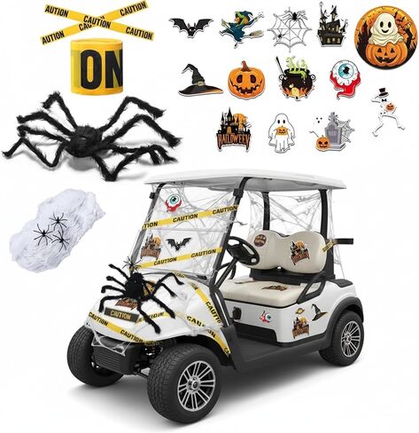 19 Pcs Halloween Golf Cart Decoration Kit, Halloween Car Decor for Parade Fake Spider Web, Large Fake Spider Caution Tape and Stickers for Car UTV ATV Trunk or Treat Outdoor Parade Decor in Saudi Arabia