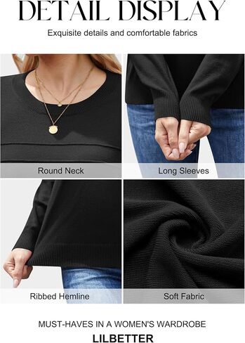 LILBETTER Women's Casual Lightweight Round Neck Long Sleeve Knit Top Loose Pullover Sweater in Saudi Arabia