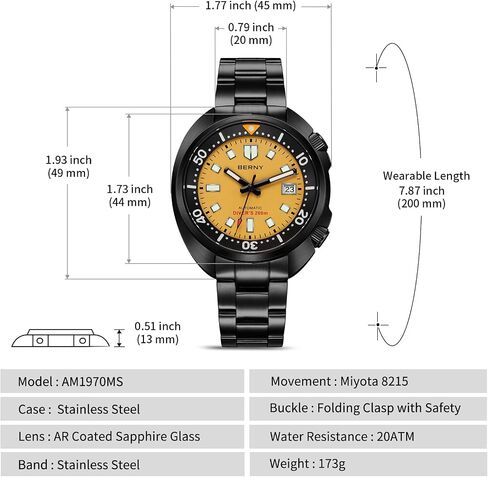BERNY Automatic Watch for Men 200M Waterproof Dive Watch Men's Analog Mechanical Wristwatch with Super Luminous Full Stainless Steel, AR Coating Sapphire Crystal Date Calender Fashion Birthday Present in Saudi Arabia