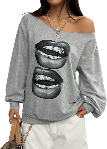 WDIRARA Women's One Shoulder Sweatshirt Oversized Lip Graphic Pullover Y2k Punk Long Sleeve Tops in Saudi Arabia