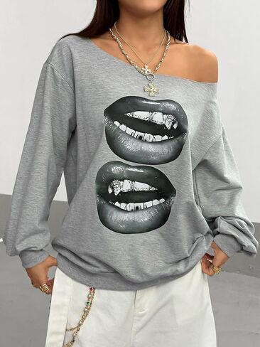 WDIRARA Women's One Shoulder Sweatshirt Oversized Lip Graphic Pullover Y2k Punk Long Sleeve Tops in Saudi Arabia