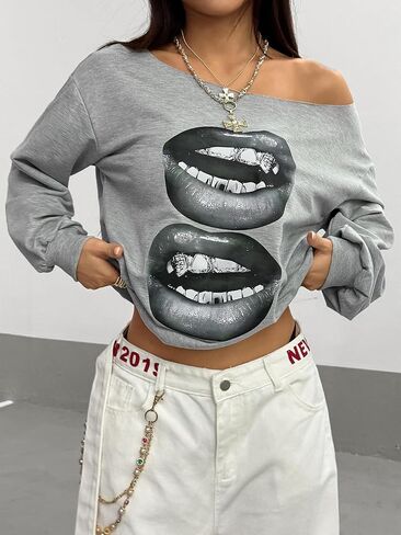 WDIRARA Women's One Shoulder Sweatshirt Oversized Lip Graphic Pullover Y2k Punk Long Sleeve Tops in Saudi Arabia
