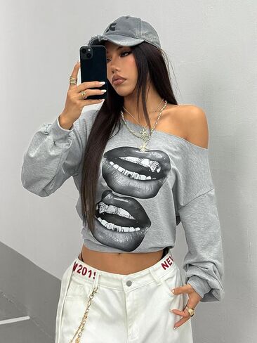 WDIRARA Women's One Shoulder Sweatshirt Oversized Lip Graphic Pullover Y2k Punk Long Sleeve Tops in Saudi Arabia