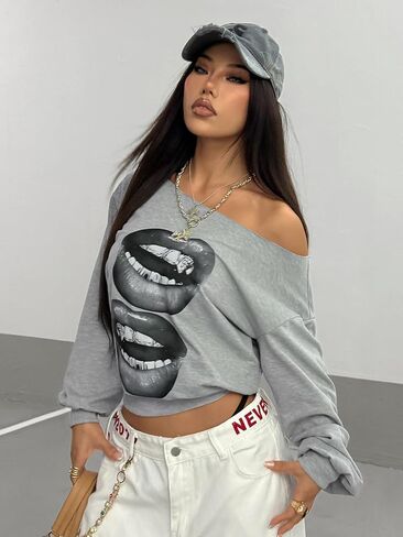 WDIRARA Women's One Shoulder Sweatshirt Oversized Lip Graphic Pullover Y2k Punk Long Sleeve Tops in Saudi Arabia