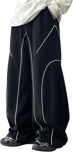 OYOANGLE Men's Contrast Side Cargo Pants Drawstring Elastic High Waist Long Pants Wide Leg Baggy Parachute Pants in Saudi Arabia