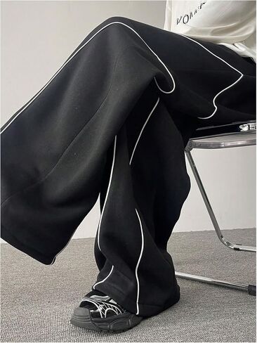 OYOANGLE Men's Contrast Side Cargo Pants Drawstring Elastic High Waist Long Pants Wide Leg Baggy Parachute Pants in Saudi Arabia
