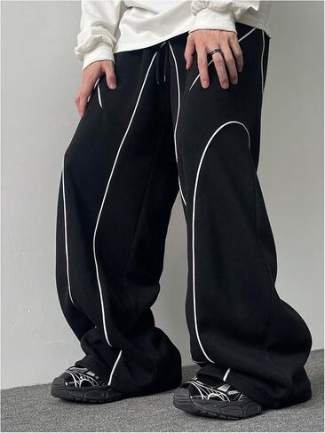 OYOANGLE Men's Contrast Side Cargo Pants Drawstring Elastic High Waist Long Pants Wide Leg Baggy Parachute Pants in Saudi Arabia