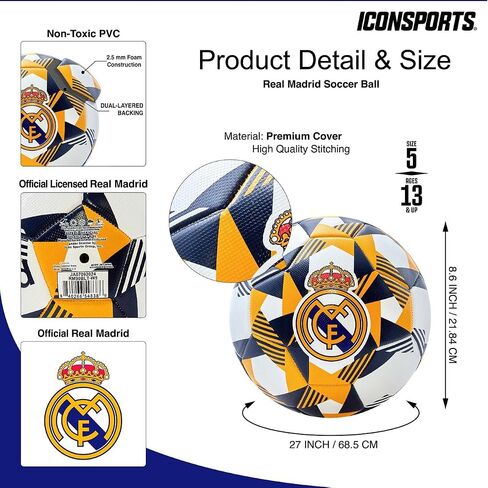 كرة قدم ريال مدريد مرخصة رسميًا من Icon Sports، مقاس 5 - أبيض مع برتقالي in Saudi Arabia