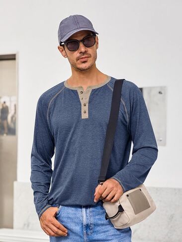 Yousify Mens Henley Shirts Long Sleeve Casual Basic T Shirts Button Vintage Lightweight Cotton Tee Tops in Saudi Arabia
