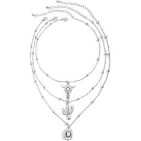 Women's Vintage Western Layered Necklaces Evil Eye Bull Head Crescent Moon Layered Necklace Boho Cowboy Cowgirl Geometric Pendant Chain Necklace Fashion Pendant Necklace Jewelry for Women in Kuwait