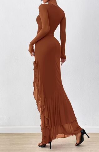 BTFBM Women's Maxi Dresses Fall 2025 Long Sleeve Ruched Bodycon Solid Ruffle Mermaid Cocktail Wedding Guest Dress in Saudi Arabia