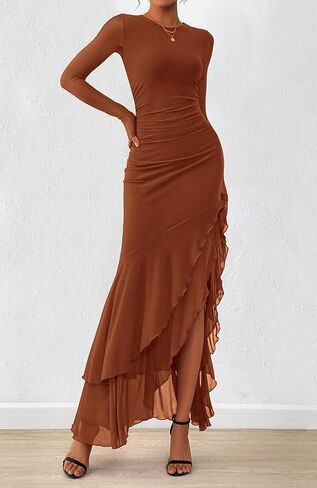 BTFBM Women's Maxi Dresses Fall 2025 Long Sleeve Ruched Bodycon Solid Ruffle Mermaid Cocktail Wedding Guest Dress in Saudi Arabia