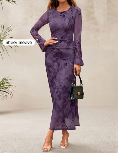 ZESICA Women's Long Sleeve Floral Bodycon Dress 2025 Fall Fashion Ruched Mesh Wedding Guest Cocktail Party Maxi Dresses in Saudi Arabia