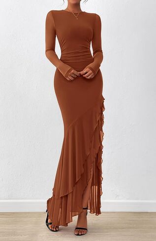 BTFBM Women's Maxi Dresses Fall 2025 Long Sleeve Ruched Bodycon Solid Ruffle Mermaid Cocktail Wedding Guest Dress in Saudi Arabia