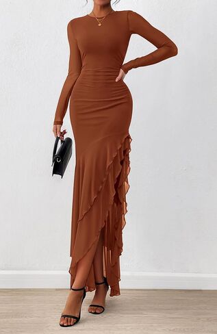 BTFBM Women's Maxi Dresses Fall 2025 Long Sleeve Ruched Bodycon Solid Ruffle Mermaid Cocktail Wedding Guest Dress in Saudi Arabia