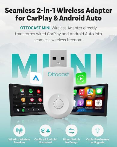 Ottocast Mini 2025 2-in-1 Carplay Carplay/Android Auto Adapter ، 5Ghz WiFi ، Auto Connect for 2016+ Cars in Kuwait