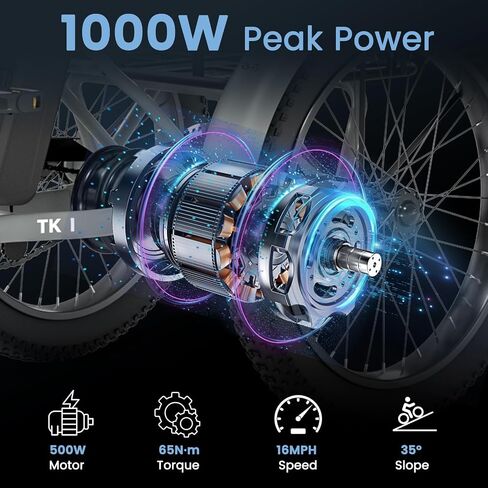 دراجة ثلاثية العجلات كهربائية من MOONCOOL للبالغين، 500 وات/750 وات 48 فولت طاقة ذروة كهربائية قابلة للطي 1100 وات، إطار سمين 20 × 3.0 بوصة، دراجة ثلاثية العجلات من الألومنيوم، دراجة ثلاثية العجلات من الألومنيوم مع بطارية قابلة للإزالة، تفاضلي خلفي in Kuwait