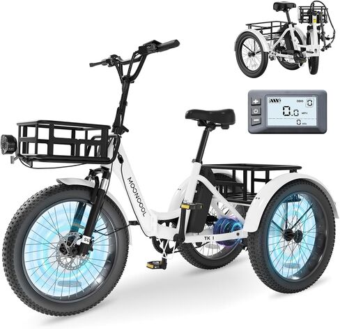 دراجة ثلاثية العجلات كهربائية من MOONCOOL للبالغين، 500 وات/750 وات 48 فولت طاقة ذروة كهربائية قابلة للطي 1100 وات، إطار سمين 20 × 3.0 بوصة، دراجة ثلاثية العجلات من الألومنيوم، دراجة ثلاثية العجلات من الألومنيوم مع بطارية قابلة للإزالة، تفاضلي خلفي in Kuwait
