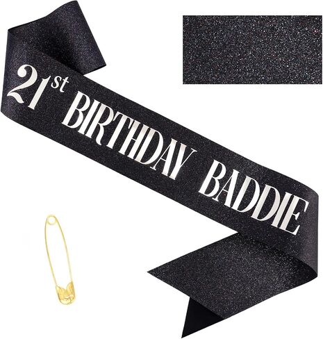 عيد ميلاد الحادي والعشرين Baddie Sash - Gold Glitter Sash with Black Foil Birthday Baddie Sash for Women and Men Funder Party Decorations Excalsions Baddie Association in Kuwait