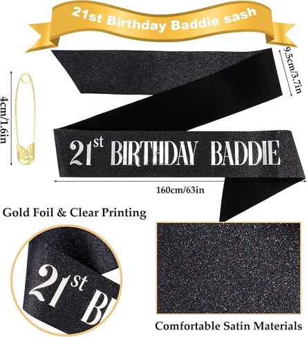 عيد ميلاد الحادي والعشرين Baddie Sash - Gold Glitter Sash with Black Foil Birthday Baddie Sash for Women and Men Funder Party Decorations Excalsions Baddie Association in Kuwait