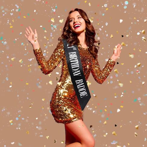 عيد ميلاد الحادي والعشرين Baddie Sash - Gold Glitter Sash with Black Foil Birthday Baddie Sash for Women and Men Funder Party Decorations Excalsions Baddie Association in Kuwait