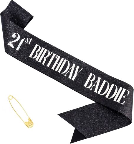 عيد ميلاد الحادي والعشرين Baddie Sash - Gold Glitter Sash with Black Foil Birthday Baddie Sash for Women and Men Funder Party Decorations Excalsions Baddie Association in Kuwait