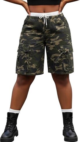 Seltaon Women's Camo Shorts Casual Army Fatigue High Waisted Baggy Multi Pocket Camouflage Bermuda Cargo Shorts in Saudi Arabia