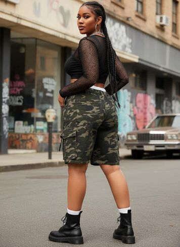 Seltaon Women's Camo Shorts Casual Army Fatigue High Waisted Baggy Multi Pocket Camouflage Bermuda Cargo Shorts in Saudi Arabia