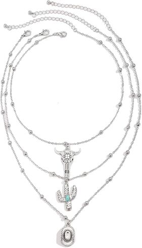 Women's Vintage Western Layered Necklaces Evil Eye Bull Head Crescent Moon Layered Necklace Boho Cowboy Cowgirl Geometric Pendant Chain Necklace Fashion Pendant Necklace Jewelry for Women in Kuwait