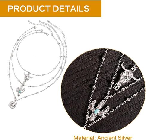 Women's Vintage Western Layered Necklaces Evil Eye Bull Head Crescent Moon Layered Necklace Boho Cowboy Cowgirl Geometric Pendant Chain Necklace Fashion Pendant Necklace Jewelry for Women in Kuwait