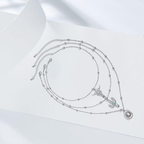 Women's Vintage Western Layered Necklaces Evil Eye Bull Head Crescent Moon Layered Necklace Boho Cowboy Cowgirl Geometric Pendant Chain Necklace Fashion Pendant Necklace Jewelry for Women in Kuwait