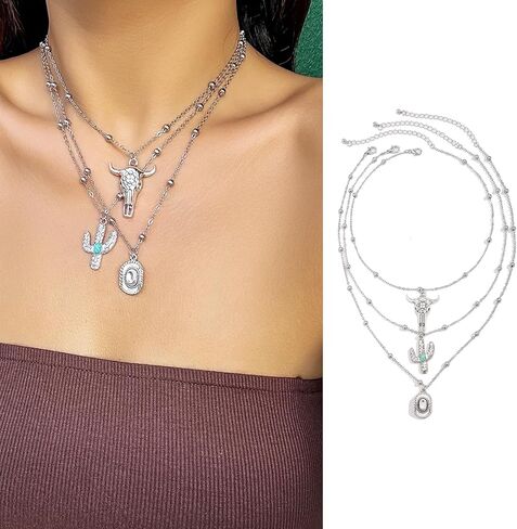 Women's Vintage Western Layered Necklaces Evil Eye Bull Head Crescent Moon Layered Necklace Boho Cowboy Cowgirl Geometric Pendant Chain Necklace Fashion Pendant Necklace Jewelry for Women in Kuwait
