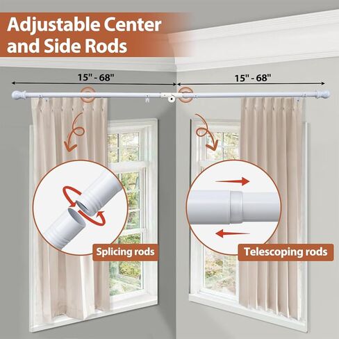 Corner Window Curtain Rod, 27-68 inch Adjustable Curtain Rods for Windows, Heavy Duty Metal Bay Window Curtain Rods, 1 Inch Black Curtain Rods for L-shaped Corner Windows, Bedroom, Living Room in Kuwait
