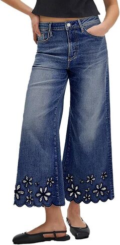 Flamingals Women's Wide Leg Crop Jeans Mid Rise Floral Embroidery Strechy Casual Trendy Denim Pants in Saudi Arabia