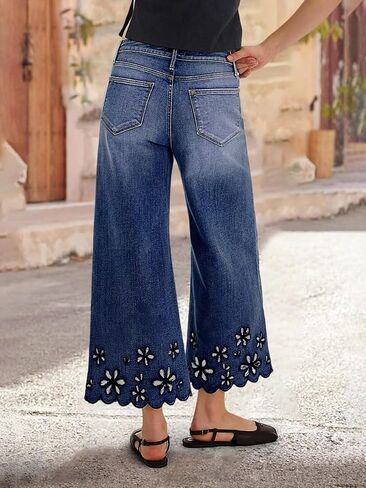 Flamingals Women's Wide Leg Crop Jeans Mid Rise Floral Embroidery Strechy Casual Trendy Denim Pants in Saudi Arabia