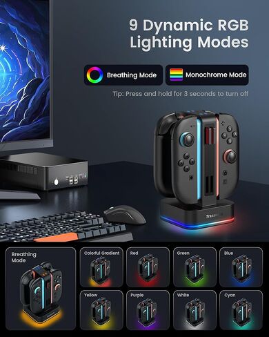 TRANSNOVO Charging Dock for Nintendo Switch 2 JoyCon, 4-Slot Dual-Side Magnetic Fast Charger, 9 RGB Modes, Circuit Protection, Heat Dissipation, Switch 2 Accessories for Multiplayer Gaming in Kuwait