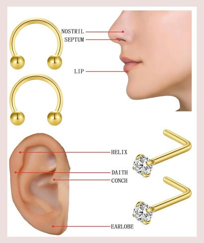 حلقات الأنف ترصيع للنساء رجال: الذهب الذهب Hypoallergenic الفضة 316L الأطواق الفولاذ المقاوم للصدأ الجراحية الحاجز الحاجز/لتر الشكل/فوز أنف الأزرار جسم ثقب المجوهرات tragus conch 20g 18g 16g in Saudi Arabia