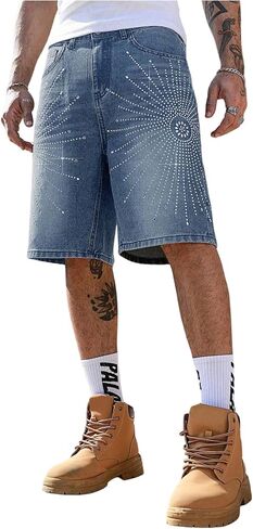 Shenhe Men's شورت Jean الشورت Y2K Rhinestone خمر Jorts الهيب هوب شورت الشارع الشارع in Kuwait