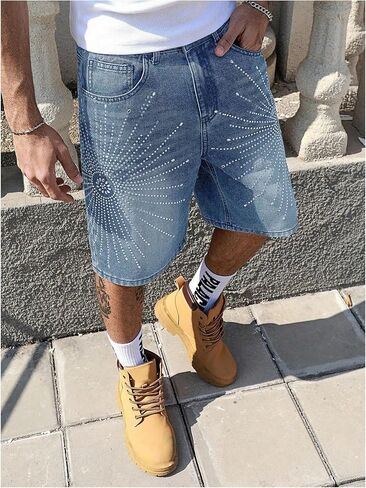 Shenhe Men's شورت Jean الشورت Y2K Rhinestone خمر Jorts الهيب هوب شورت الشارع الشارع in Kuwait