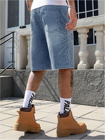 Shenhe Men's شورت Jean الشورت Y2K Rhinestone خمر Jorts الهيب هوب شورت الشارع الشارع in Kuwait