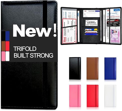 LINTRU Trifold Car Registration and Insurance Holder, Fits in Glovebox, Durable Design for Long-Term Use, Wipe-Clean PU Leather, Multi-Pocket Storage, Ideal Car Accessories for Men & Women, Gift-Ready in Kuwait