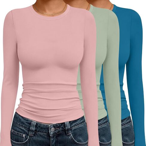 Ekouaer 3 Pack Women Long Sleeve Crew Neck Shirts Basic Thermal Tops Slim Fit Ruch Side Tees Going Out Layering Thirts XS-XXL in Saudi Arabia