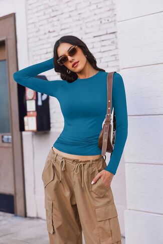 Ekouaer 3 Pack Women Long Sleeve Crew Neck Shirts Basic Thermal Tops Slim Fit Ruch Side Tees Going Out Layering Thirts XS-XXL in Saudi Arabia