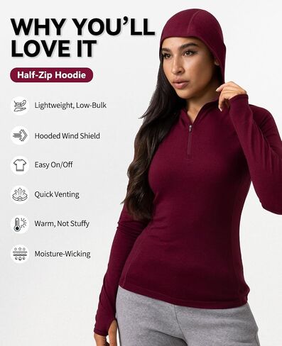 Merino Protect 100% Merino Wool Hoodie Women Quarter Zip Base Layer Midweight Thermal Long Sleeve for Running Walking in Saudi Arabia