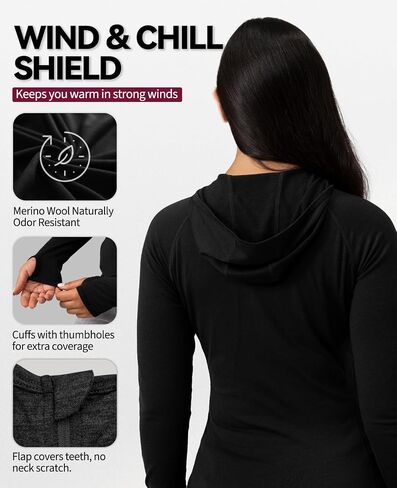 Merino Protect 100% Merino Wool Hoodie Women Quarter Zip Base Layer Midweight Thermal Long Sleeve for Running Walking in Saudi Arabia