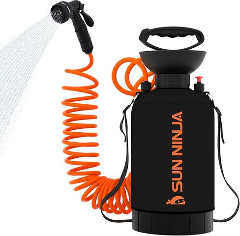 SUN NINJA Portable Shower 5L, Camping Shower with 7 Mode Shower Head, Neoprene Cover Helps Keep Water Warm, High Pressure Hose, Easy to Carry, Black and Orange in Kuwait