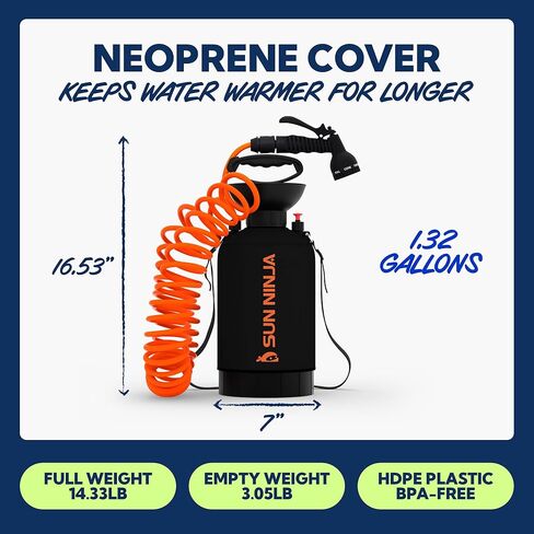 SUN NINJA Portable Shower 5L, Camping Shower with 7 Mode Shower Head, Neoprene Cover Helps Keep Water Warm, High Pressure Hose, Easy to Carry, Black and Orange in Kuwait
