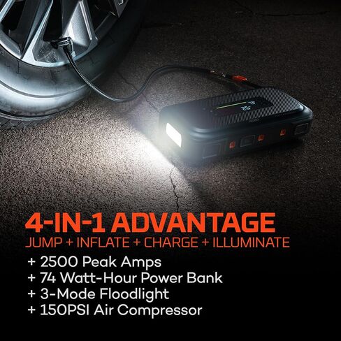 Nebo Assist Air 1500xp starter وضاغط الهواء | 44.4WH صندوق إمدادات الطاقة يعيد تشغيل 12 فولت بطارية ، و 150 رطل من ضاغط الهواء يضخّم الإطارات ، وأضواء غزيرة متكاملة ، منافذ USB ، TSA المعتمدة in Saudi Arabia
