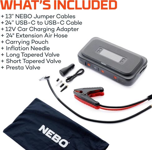 Nebo Assist Air 1500xp starter وضاغط الهواء | 44.4WH صندوق إمدادات الطاقة يعيد تشغيل 12 فولت بطارية ، و 150 رطل من ضاغط الهواء يضخّم الإطارات ، وأضواء غزيرة متكاملة ، منافذ USB ، TSA المعتمدة in Saudi Arabia