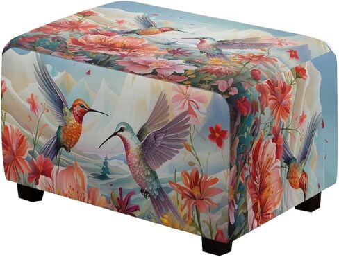 Ottoman Cover Rectangular Blue Floral Slipcovers for Ottomans Soft Fabric Footstool Cover Flower Themd Large Ottoman Slipcover Accessories Removable Furniture Protector Easy to Installed in Saudi Arabia